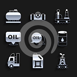 Set Word oil, Canister for motor, Oil rig, Barrel, Gas tank vehicle, platform in the sea and storage icon. Vector