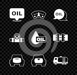 Set Word oil, Motor gas gauge, Spare wheel in the car, Gas tank for vehicle, Tanker truck, Metallic pipes and valve and