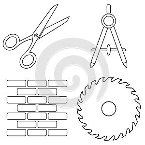 Set of work icons. Scissors, compass, brick wall, circular saw