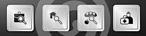 Set Work search, Search house, Searching for food and First aid kit icon. Silver square button. Vector