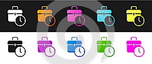 Set Work time icon isolated on black and white background. Office worker. Working hours. Business briefcase. Vector