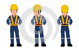 Set of worker is holding hand wheel on white background