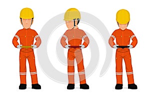 Set of worker is holding hand wheel on white background