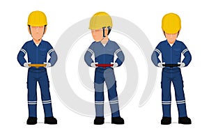 Set of worker is holding hand wheel on white background