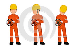 Set of worker is holding hand wheel on white background