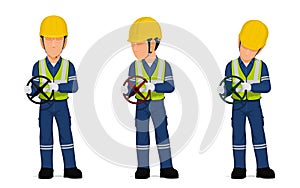 Set of worker is holding hand wheel on white background