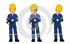 Set of worker is holding hand wheel on white background