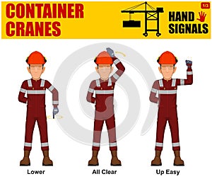 Set of worker present container cranes hand signal on white background