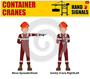 Set of worker present container cranes hand signal on white background