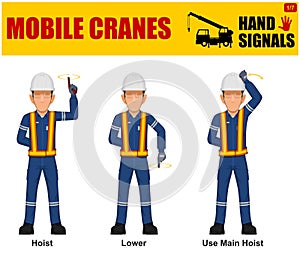 Set of worker present mobile cranes hand signal on white background