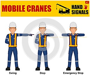 Set of worker present mobile cranes hand signal on white background