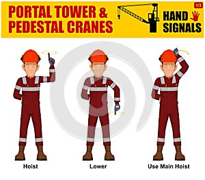 Set of worker present Portal Tower and Pedestal Cranes signal on white background