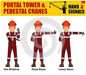 Set of worker present Portal Tower and Pedestal Cranes signal on white background