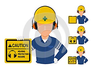 Set of worker who is holding warning sign about hearing protection require