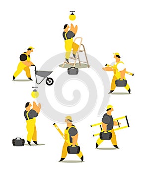 Set of workers in working clothes