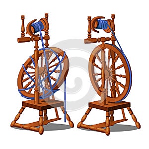 Set of a working and broken antique wooden spinning wheel with yarn and bobbins isolated on a white background. Vector