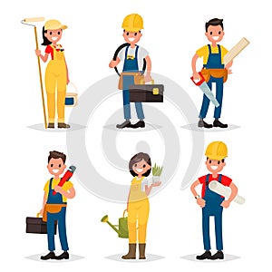 Set of of working professions. Painter, electrician, carpenter,