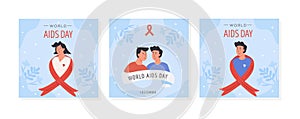 Set of World AIDS Day card. A female, male and gay couple with red awareness ribbon. Social media post, square banner