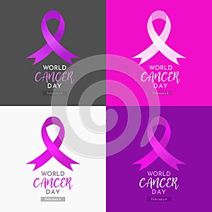 Set of World Cancer Day Poster on February 4 vector illustration with 4 colour variation and ribbon. Square banner perfect for