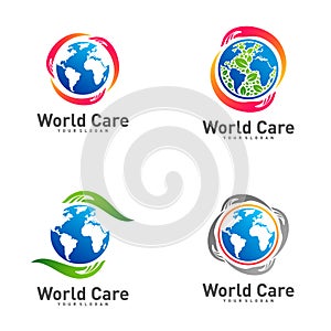 Set of World Care logo design template vector, Earth Care logo concept creative, Icon Symbol