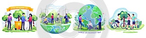 Set of World environment day with people are taking care of the earth by gardening and cleaning save planet vector illustration