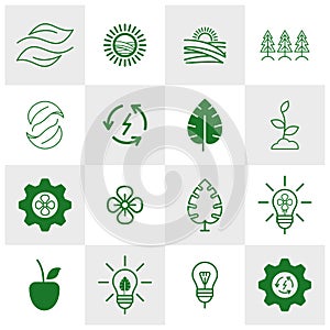Set of World environment icons Logo Concepts. World Ecology vector for web. Eco Vector Line Icons. Icons Electric Car, Global