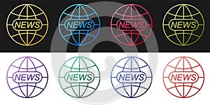 Set World and global news concept icon isolated on black and white background. World globe symbol. News sign icon