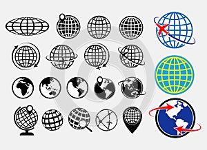 Set of world globe earth icon or globe geographic planet icon or airplane globe   concepts.