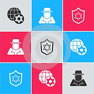 Set World Globe and Israel, Orthodox jewish hat and Shield with Star of David icon. Vector