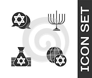 Set World Globe and Israel, Star of David, Jewish money bag and Hanukkah menorah icon. Vector