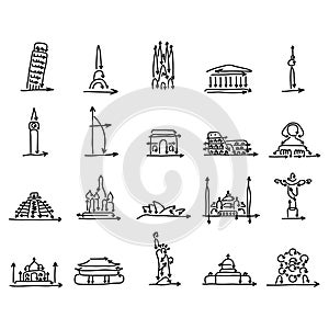 Set of world landmarks signs made from arrow vector illustration sketch doodle hand drawn with black lines isolated on white