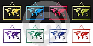 Set World map on a school blackboard icon isolated on black and white background. Drawing of map on chalkboard. Vector