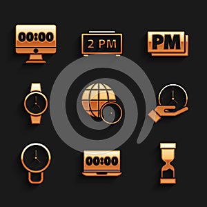 Set World time, Clock on laptop, Old hourglass, Wrist watch, PM and monitor icon. Vector