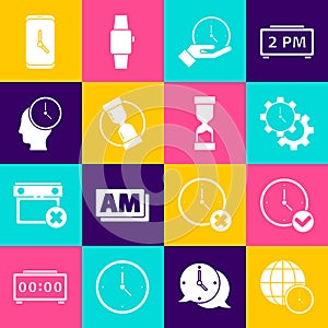 Set World time, Clock, Time Management, Old hourglass, Alarm clock app mobile and icon. Vector