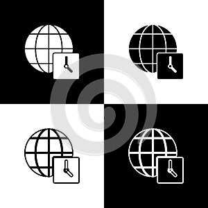 Set World time icon isolated on black and white background. Clock and globe. Vector