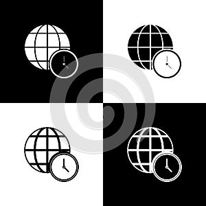 Set World time icon isolated on black and white background. Clock and globe. Vector