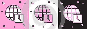 Set World time icon isolated on pink and white, black background. Clock and globe. Vector