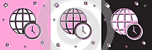 Set World time icon isolated on pink and white, black background. Clock and globe. Vector