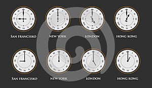 Set of world time zone clock with roman numerals. Vector illustration