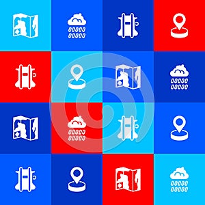 Set World travel map, Cloud with rain, Parachute and Location icon. Vector
