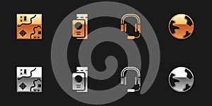 Set World travel map, Passport with ticket, Headphones microphone and Worldwide icon. Vector