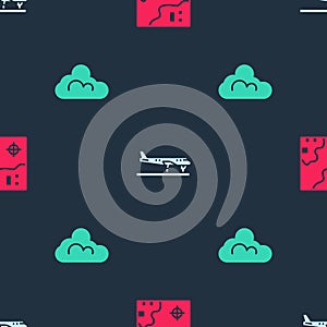 Set World travel map, Plane and Cloud weather on seamless pattern. Vector