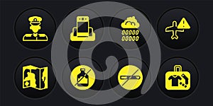 Set World travel map, Warning aircraft, No alcohol, Smoking, Cloud with rain, Metal detector airport, Suitcase and Pilot