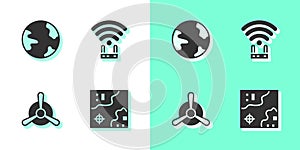 Set World travel map, Worldwide, Plane propeller and Router and wi-fi signal icon. Vector