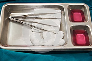 A set of wound dressing on the silver tray