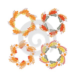 Set of wreaths of colorful fall leaves and flowers. Autumn round frames. Thanksgiving Day decorations. Vector elements