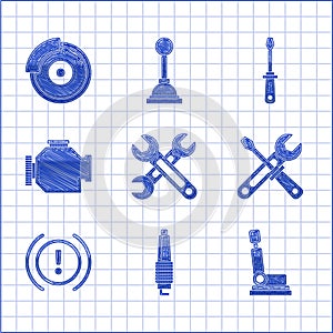 Set Wrench, Car spark plug, seat, Screwdriver and wrench tools, Brake system warning, Check engine, and brake disk with