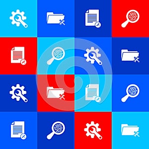 Set Wrench and gear, Folder service, File document and Microorganisms under magnifier icon. Vector