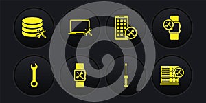 Set Wrench, Smartwatch service, Screwdriver, Mobile Apps, Laptop, Database server and icon. Vector