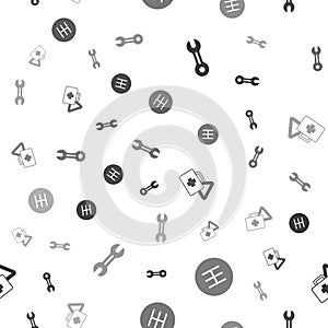 Set Wrench spanner, Gear shifter, First aid kit and warning triangle and on seamless pattern. Vector